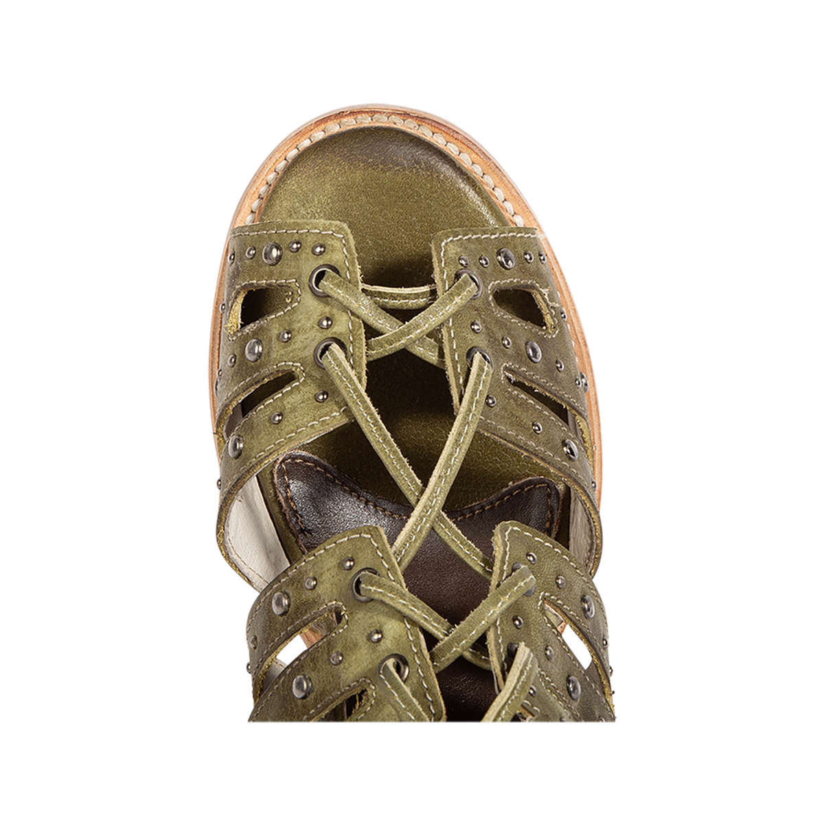 Top view showing a round toe construction on FREEBIRD women's BUD green leather sandal 