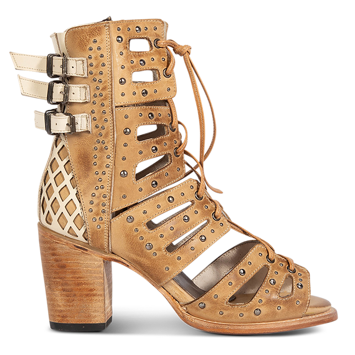 FREEBIRD women's BUD tan leather sandal with laser-cut heel paneling, front leather lacing, silver stud detailing and a lifted heel