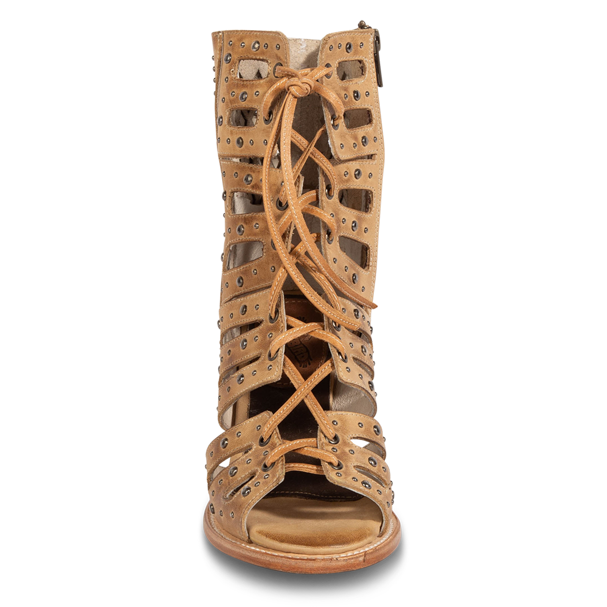 Front view showing an open silhouette and leather lace front closure on FREEBIRD women's BUD tan leather sandals