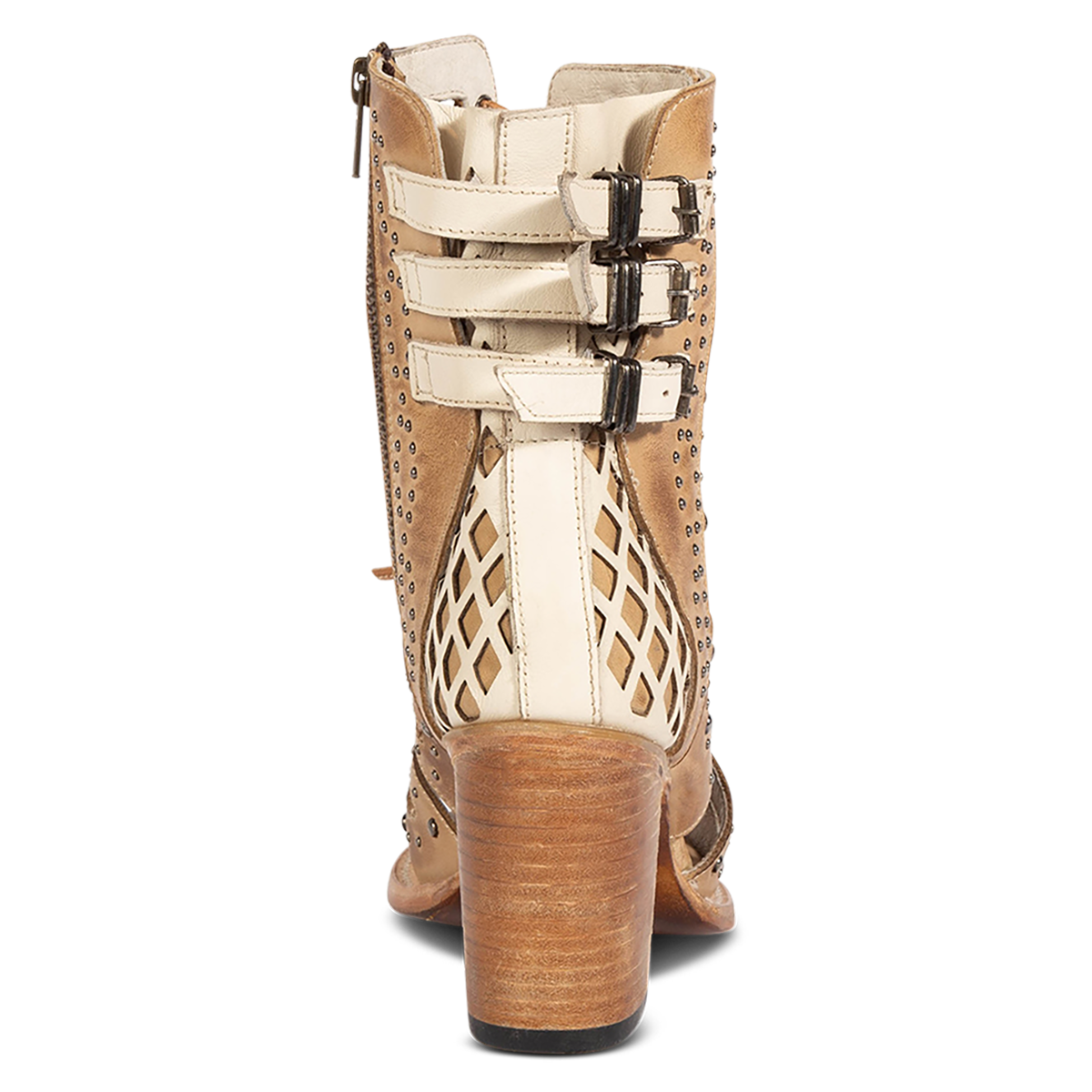 Back view showing FREEBIRD women's BUD tan leather sandal with laser-cut heel paneling, silver stud detailing and a lifted heel