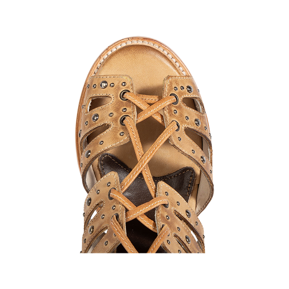 Top view showing a round toe construction on FREEBIRD women's BUD tan leather sandal 