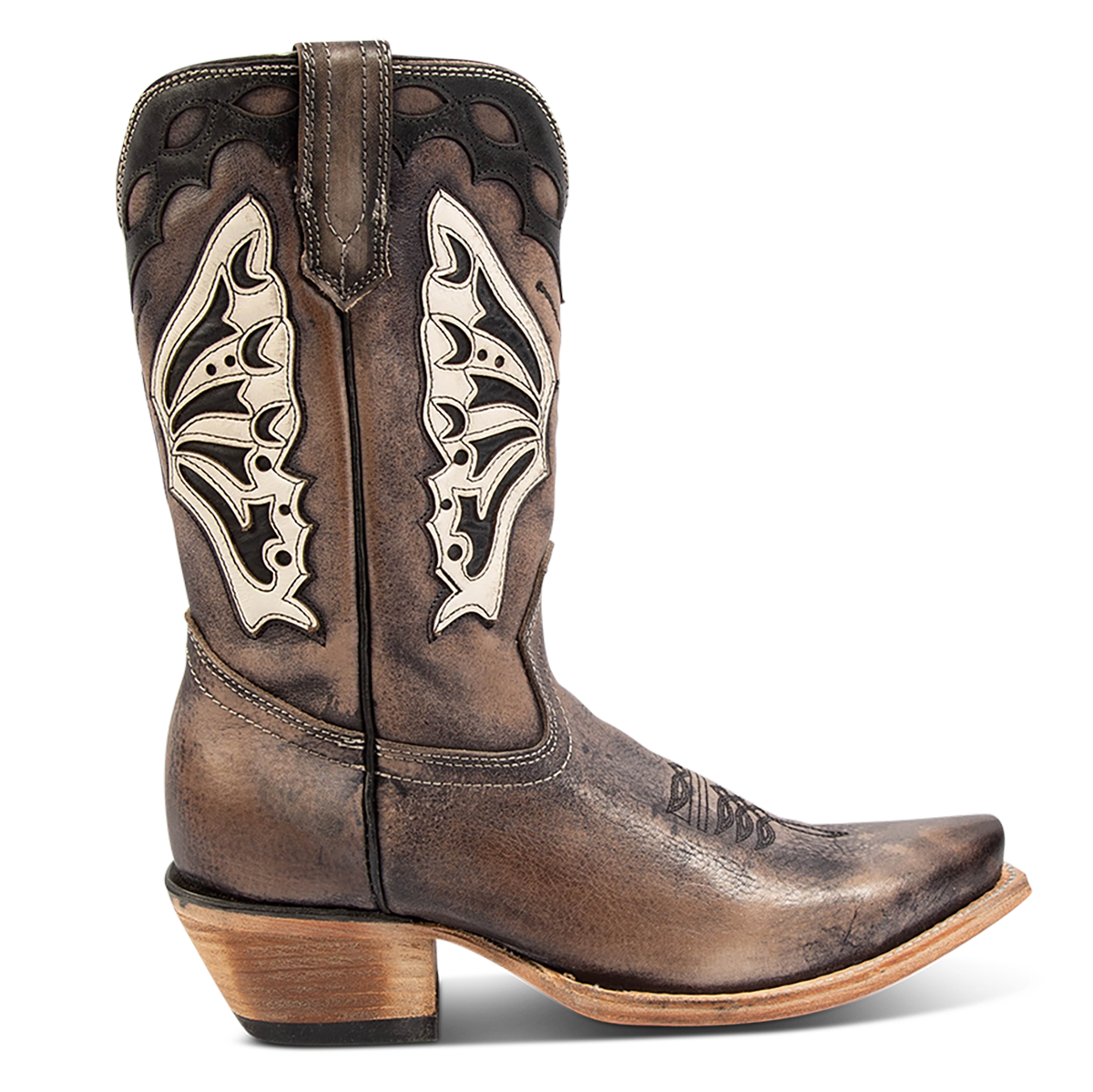 FREEBIRD women's Butterfly black multi leather boot with laser cut detailing, a slant heel and snip toe construction