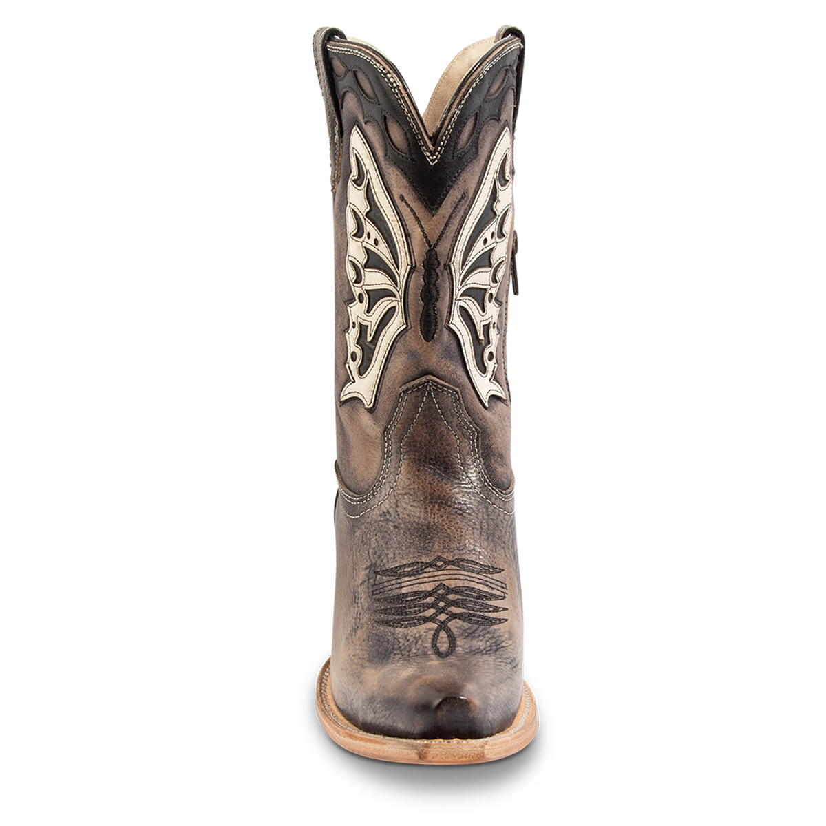 Front view showing FREEBIRD women's Butterfly black multi leather boot with laser cut detailing and intricate stitching with leather pull straps