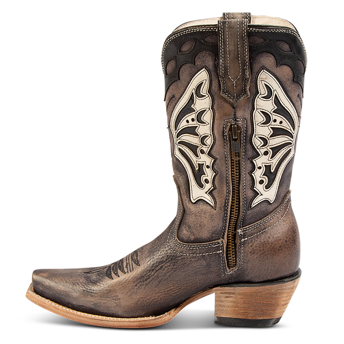 Inside view showing FREEBIRD women's Butterfly black multi leather boot with a slant heel, inside working brass zipper and laser cut detailing