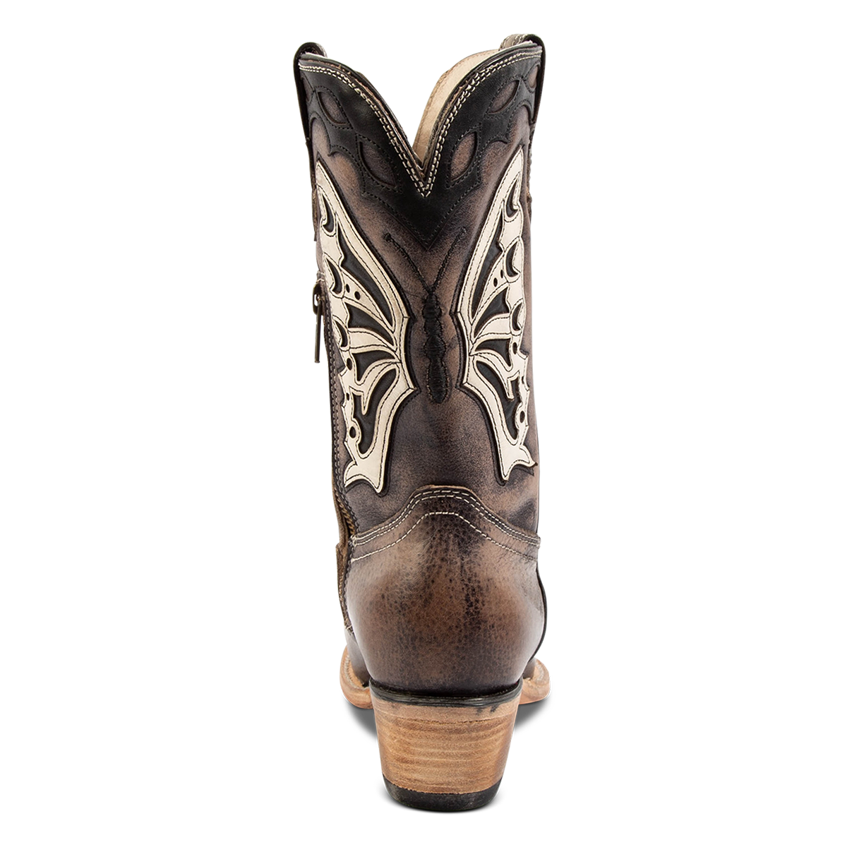 Back view showing FREEBIRD women's Butterfly black multi leather boot with a slant heel, intricate stitching and laser cut detailing and leather pull straps