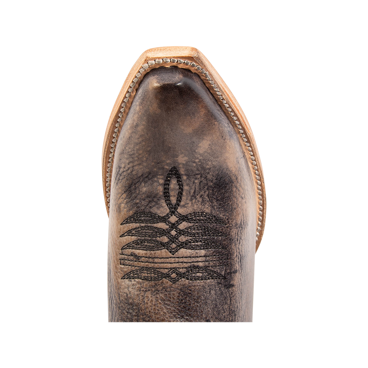 Top view showing snip toe construction and stitching on FREEBIRD women's Butterfly black multi leather boot 