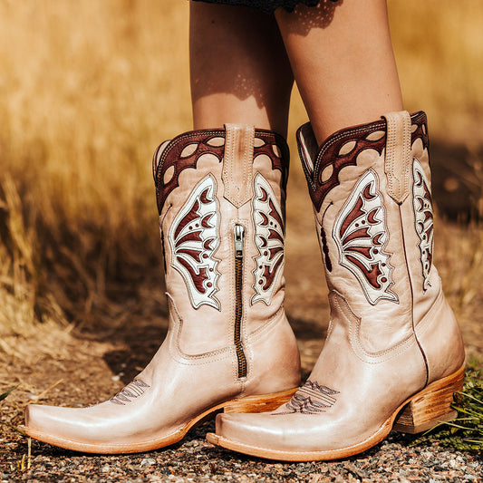 FREEBIRD women's Butterfly blush multi leather boot with laser cut detailing, a slant heel and snip toe construction