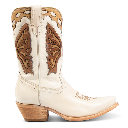 FREEBIRD women's Butterfly bone multi leather boot with laser cut detailing, a slant heel and snip toe construction