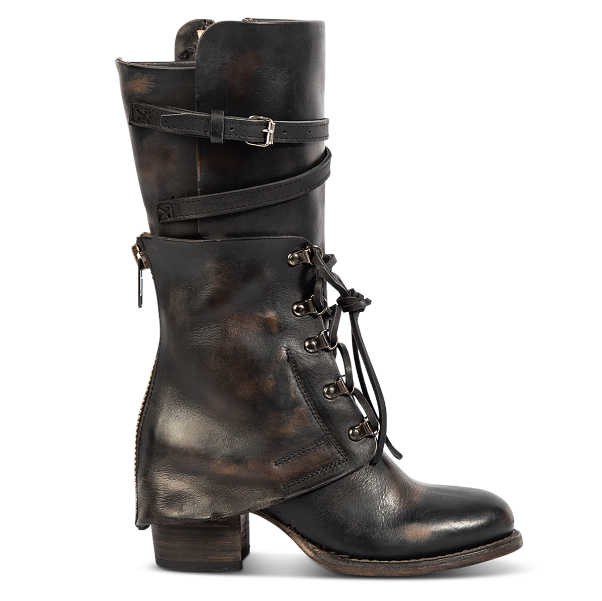 FREEBIRD women's Caboose black leather boot featuring a leather shaft overlay with adjustable front lacing, zig-zag buckling and a full inside working brass zipper