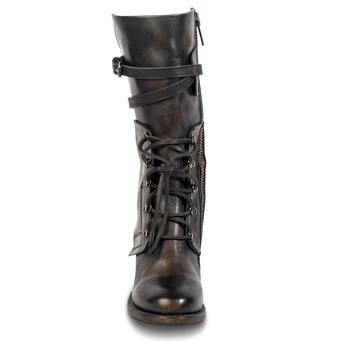 Front view showing zig-zag buckling, adjustable front tie lacing and a leather shaft overlay on FREEBIRD women's Caboose black leather boot 