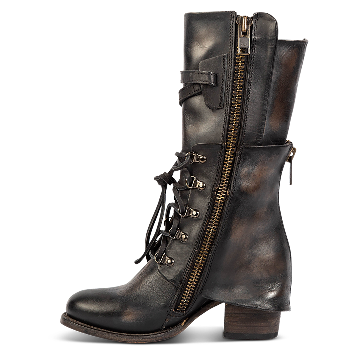 Inside view showing a full inside working brass zipper, stacked heel and leather shaft overlay on FREEBIRD women's Caboose black leather boot 