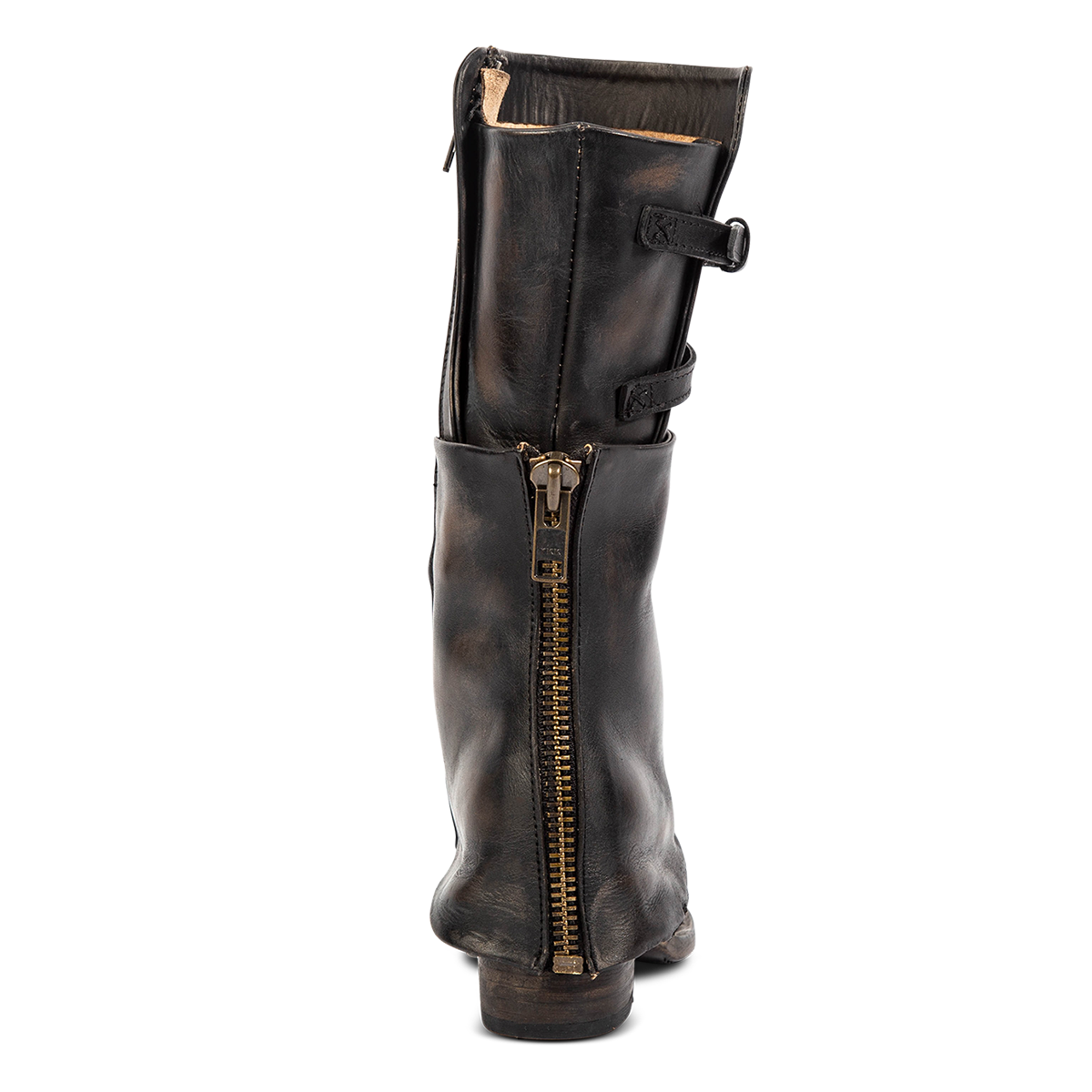 Back view showing a decorative brass shaft zipper, stacked heel and asymmetrical shaft height on FREEBIRD women's Caboose black leather boot 