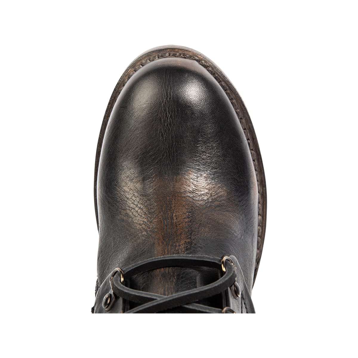 Top view showing an almond toe on FREEBIRD women's Caboose black leather boot 