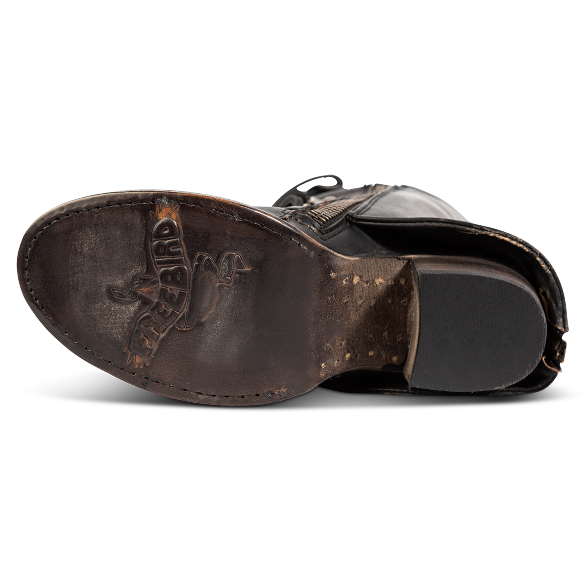 Leather sole displaying FREEBIRD on FREEBIRD women's Caboose black leather boot 
