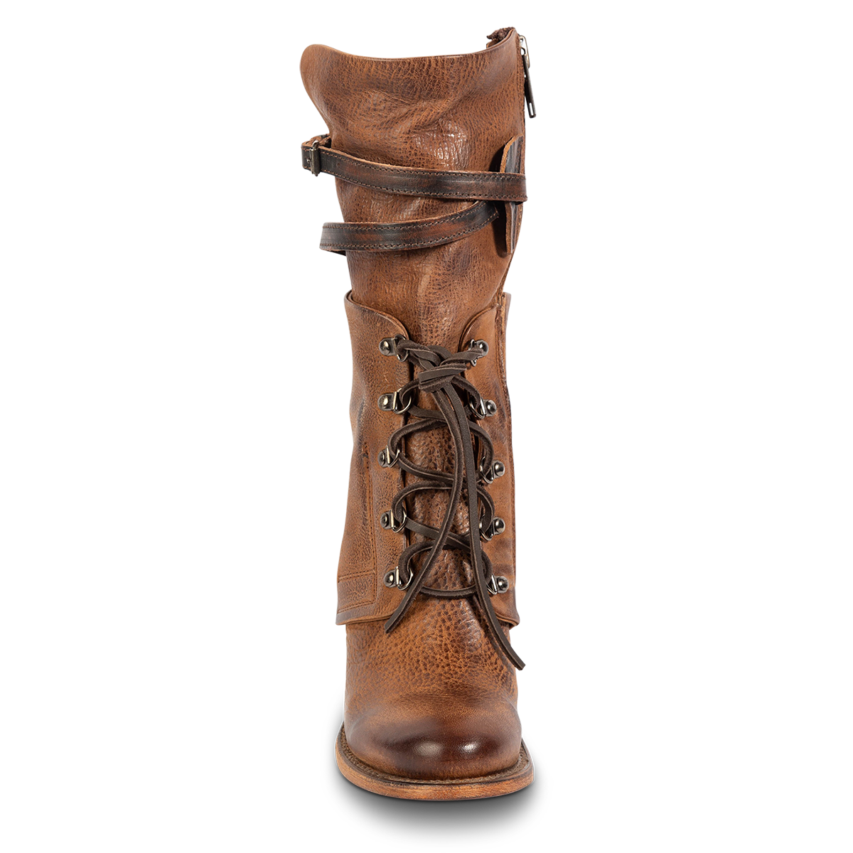 Front view showing zig-zag buckling, adjustable front tie lacing and a leather shaft overlay on FREEBIRD women's Caboose tan leather boot