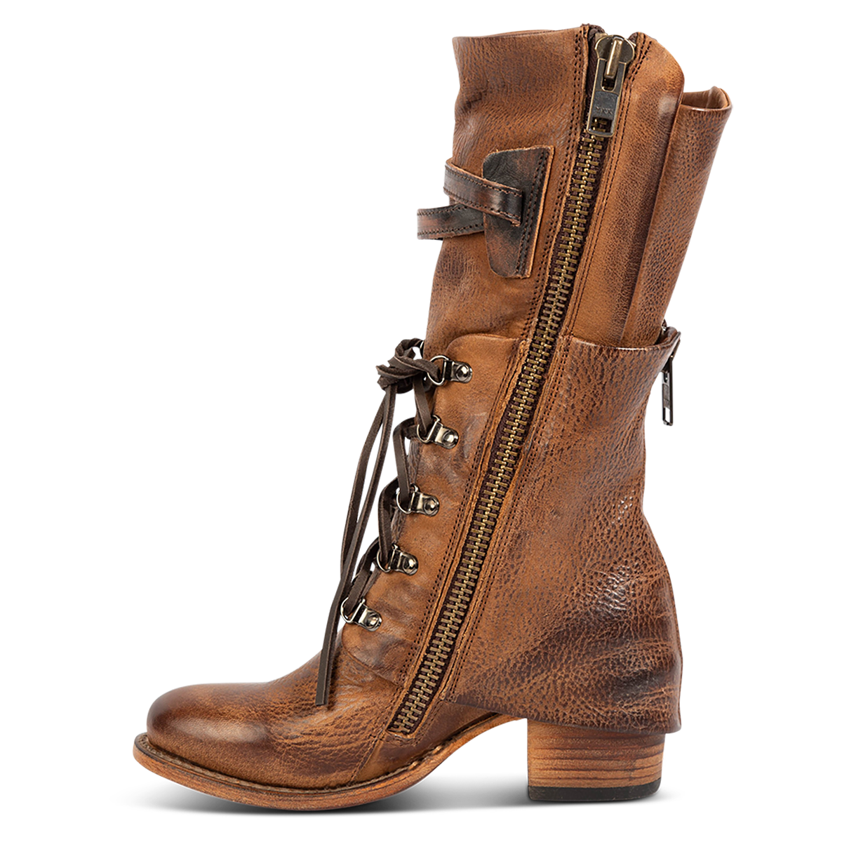 Inside view showing a full inside working brass zipper, stacked heel and leather shaft overlay on FREEBIRD women's Caboose tan leather boot
