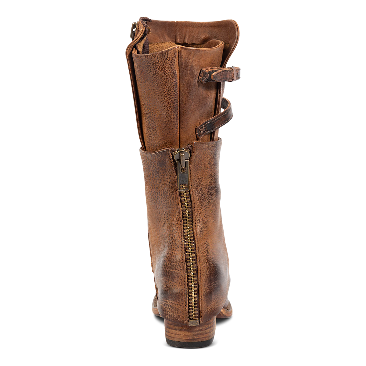 Back view showing a decorative brass shaft zipper, stacked heel and asymmetrical shaft height on FREEBIRD women's Caboose tan leather boot