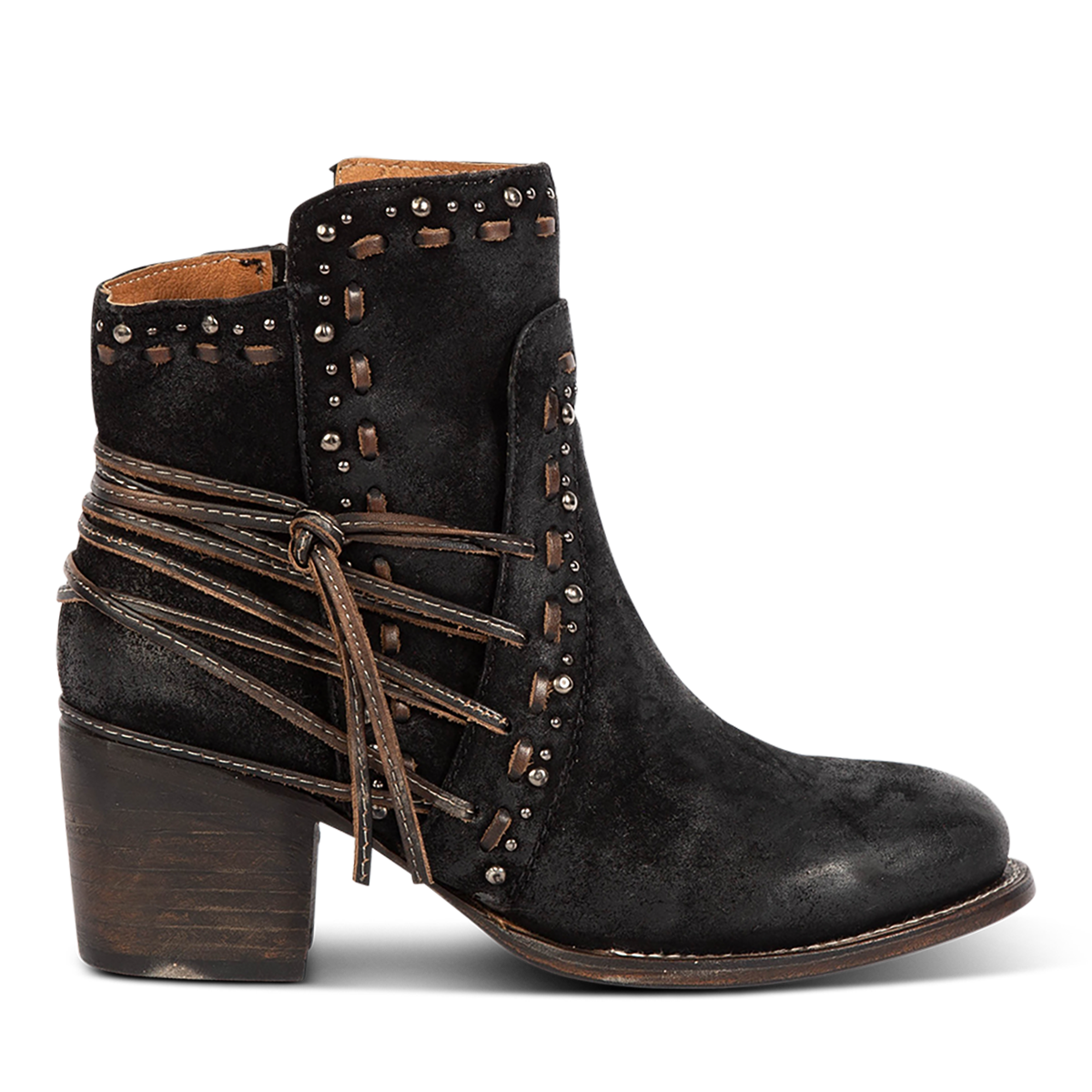 Freebird women's CAMRYN black suede leather bootie with stud embellishments, tie lacing and mid sized heel