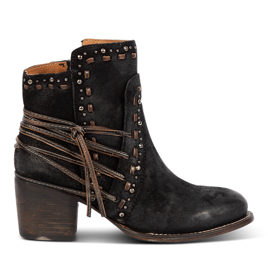 Freebird women's CAMRYN black suede leather bootie with stud embellishments, tie lacing and mid sized heel