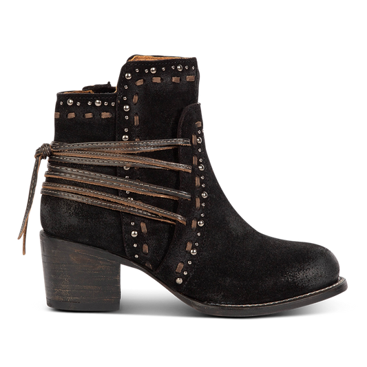 Freebird women's CAMRYN black suede leather bootie with stud embellishments, tie lacing and mid sized heel