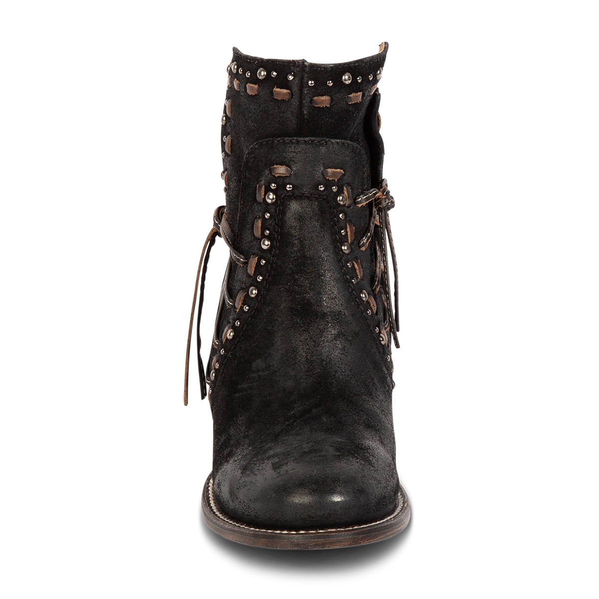 Front view showing Freebird women's CAMRYN black suede leather bootie with stud embellishments, side tie lacing and whip stitch detailing