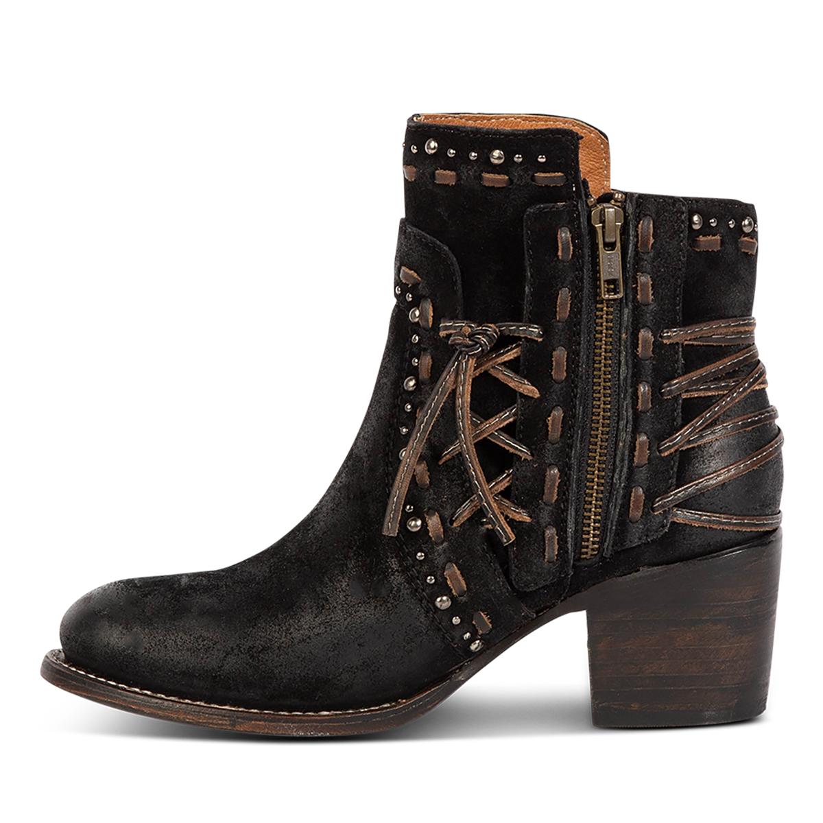 Inside view showing Freebird women's CAMRYN black suede leather bootie with stud embellishments, side tie lacing and inside working zipper