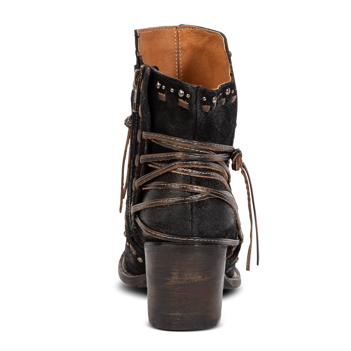 Back view showing Freebird women's CAMRYN black suede leather bootie with back tie lacing, mid size heel and whip stitch detailing
