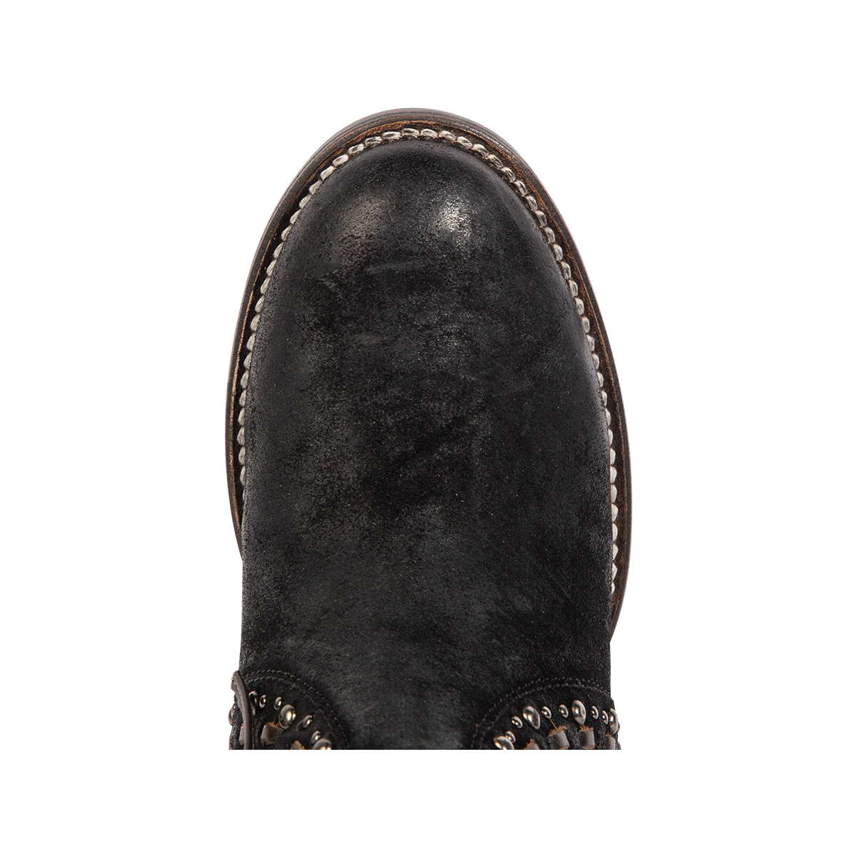 Top view showing a round toe construction on Freebird women's CAMRYN black suede leather bootie 