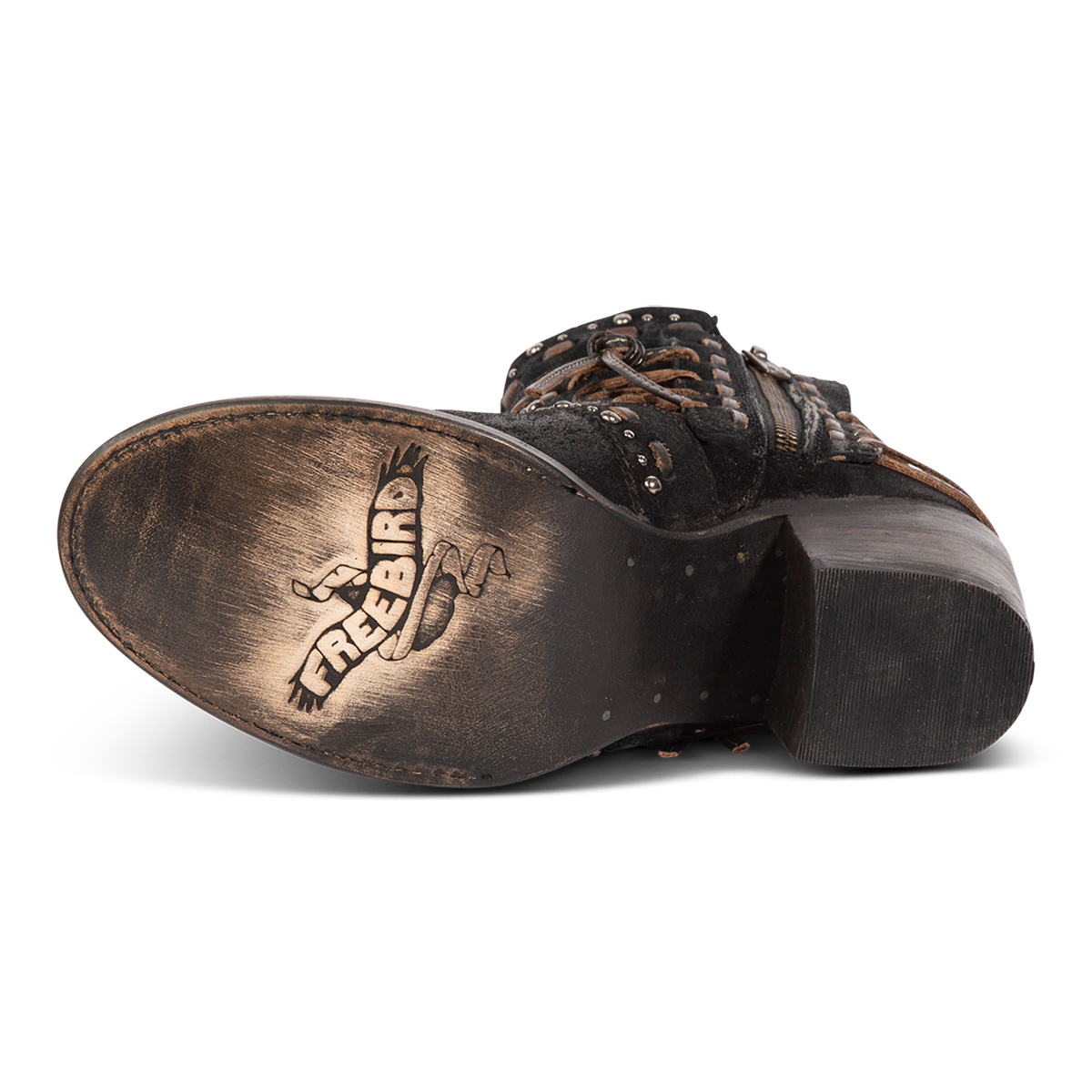 Leather sole imprinted with FREEBIRD on women's CAMRYN black suede leather bootie 