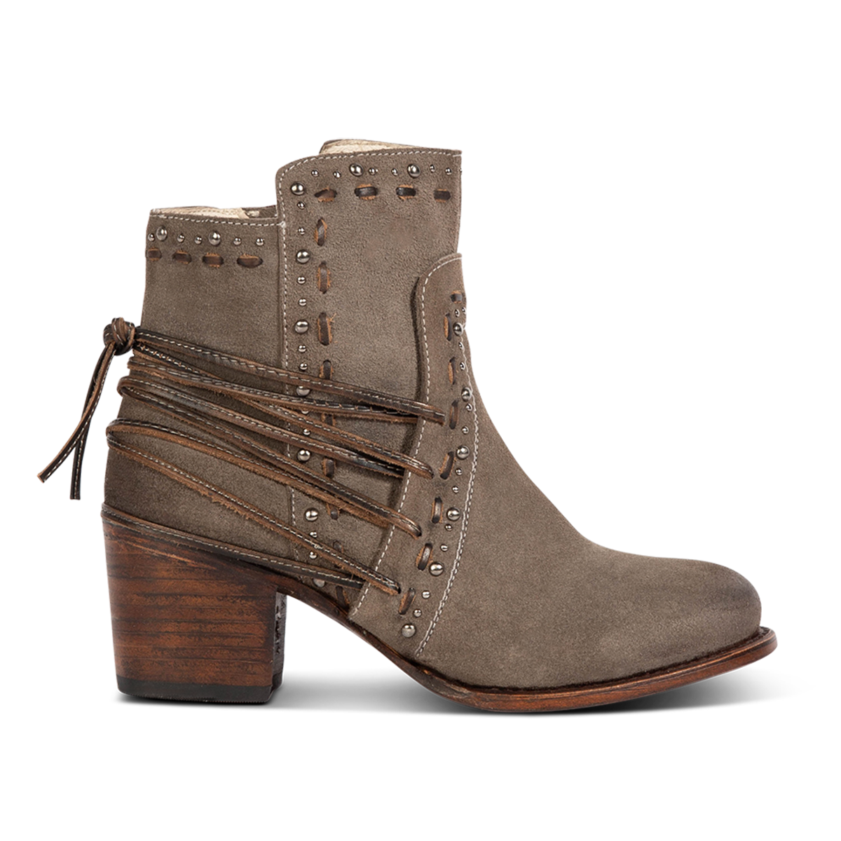Freebird women's CAMRYN grey suede leather bootie with stud embellishments, tie lacing and mid sized heel