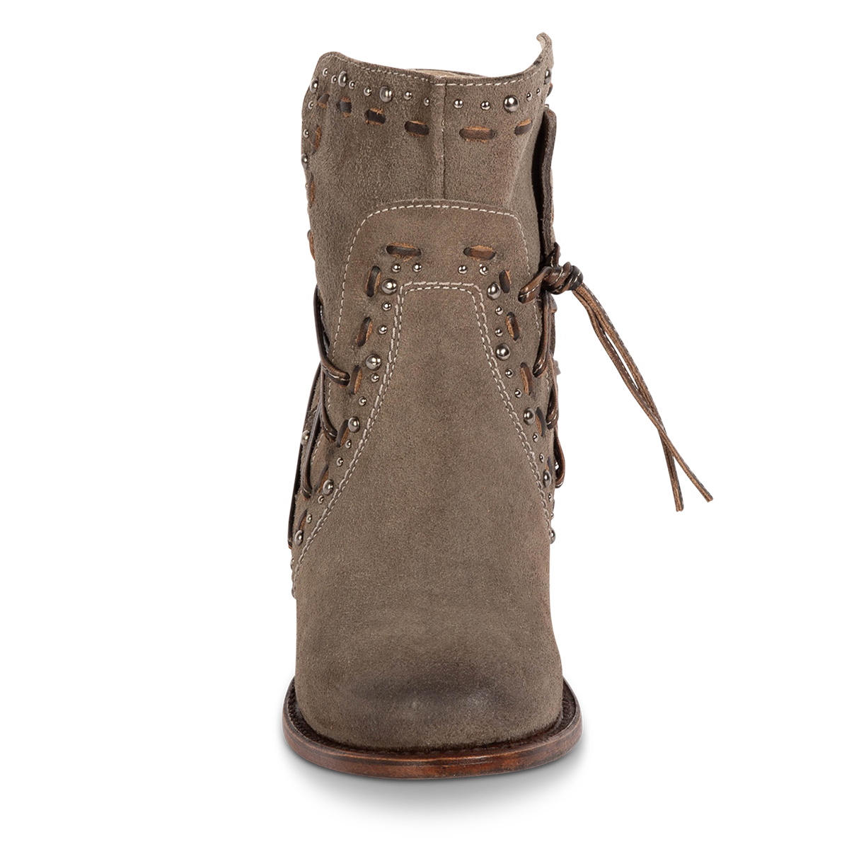 Front view showing Freebird women's CAMRYN grey suede leather bootie with stud embellishments, side tie lacing and whip stitch detailing