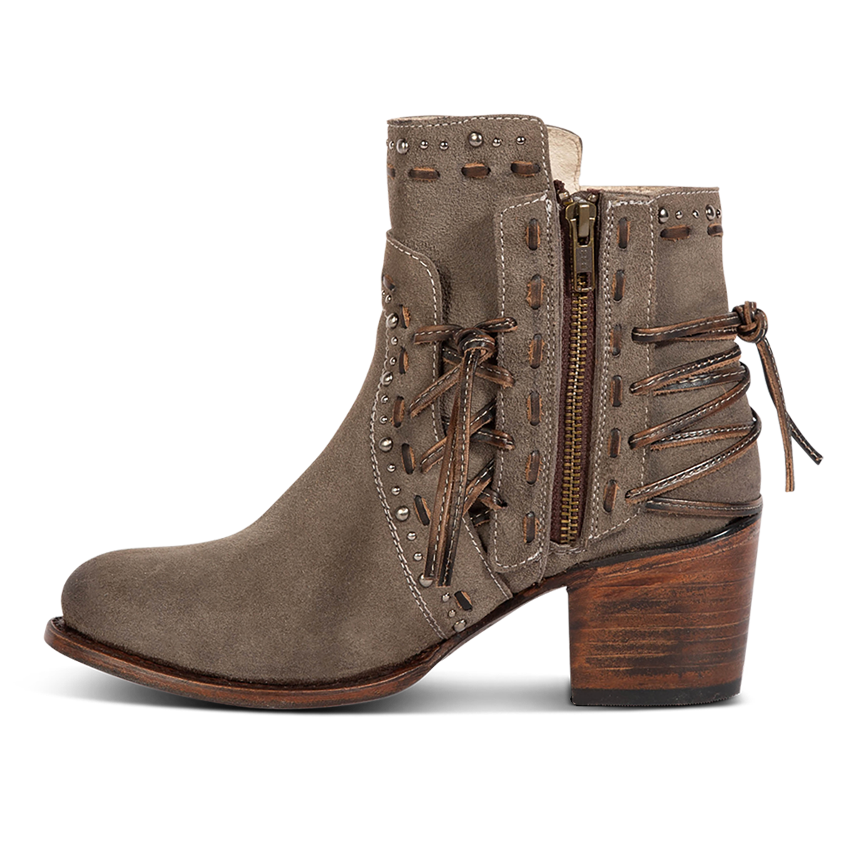 Inside view showing Freebird women's CAMRYN grey suede leather bootie with stud embellishments, side tie lacing and inside working zipper