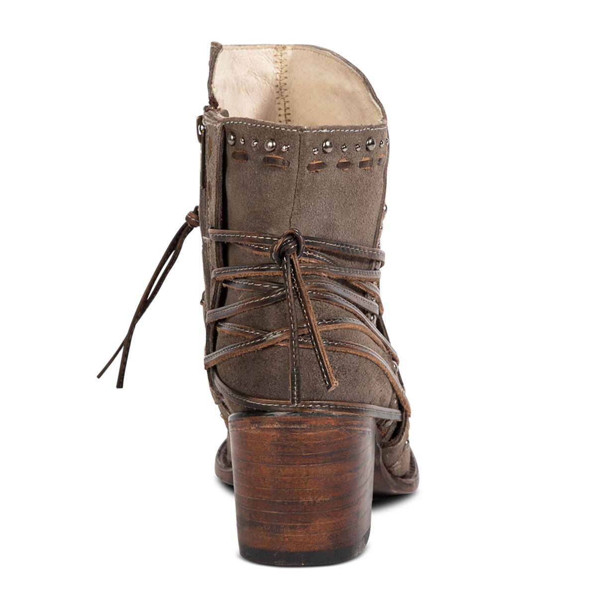 Back view showing Freebird women's CAMRYN grey suede leather bootie with back tie lacing, mid size heel and whip stitch detailing