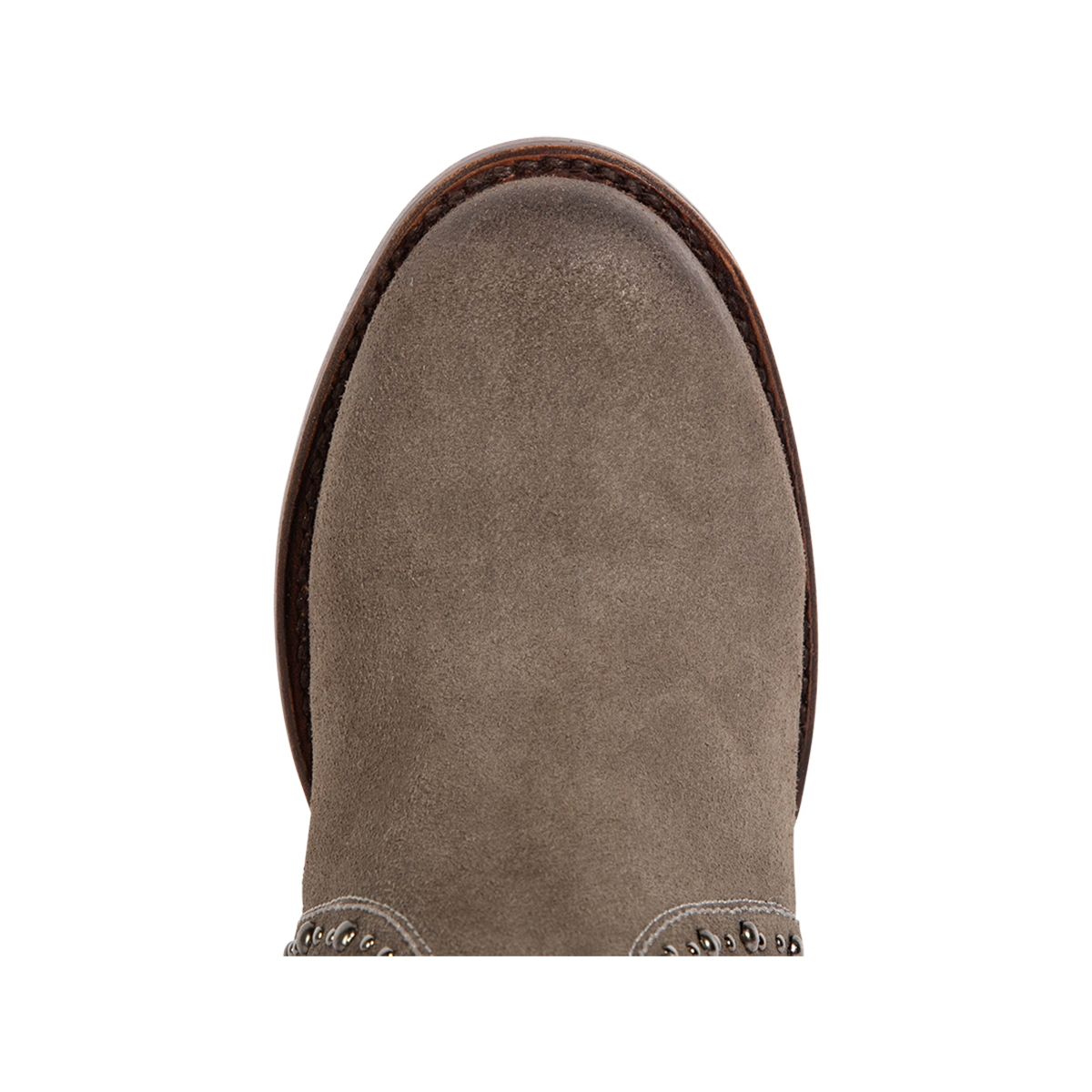 Top view showing a round toe construction on Freebird women's CAMRYN grey suede leather bootie 