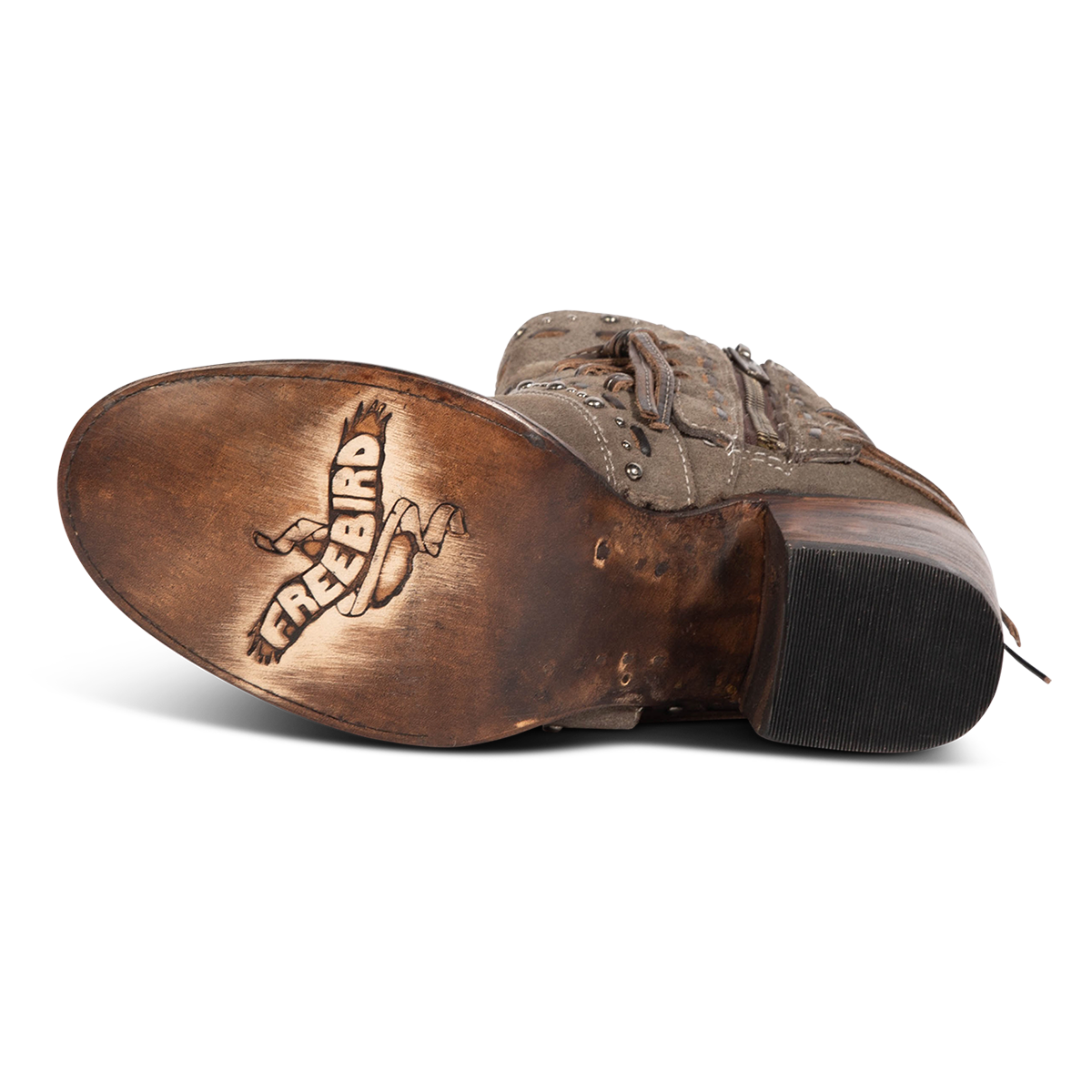 Leather sole imprinted with FREEBIRD on women's CAMRYN grey suede leather bootie 