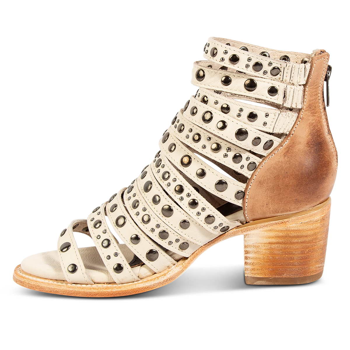 Inside view showing a stacked heel and embellished leather straps on FREEBIRD women's Cannes beige multi leather sandal 