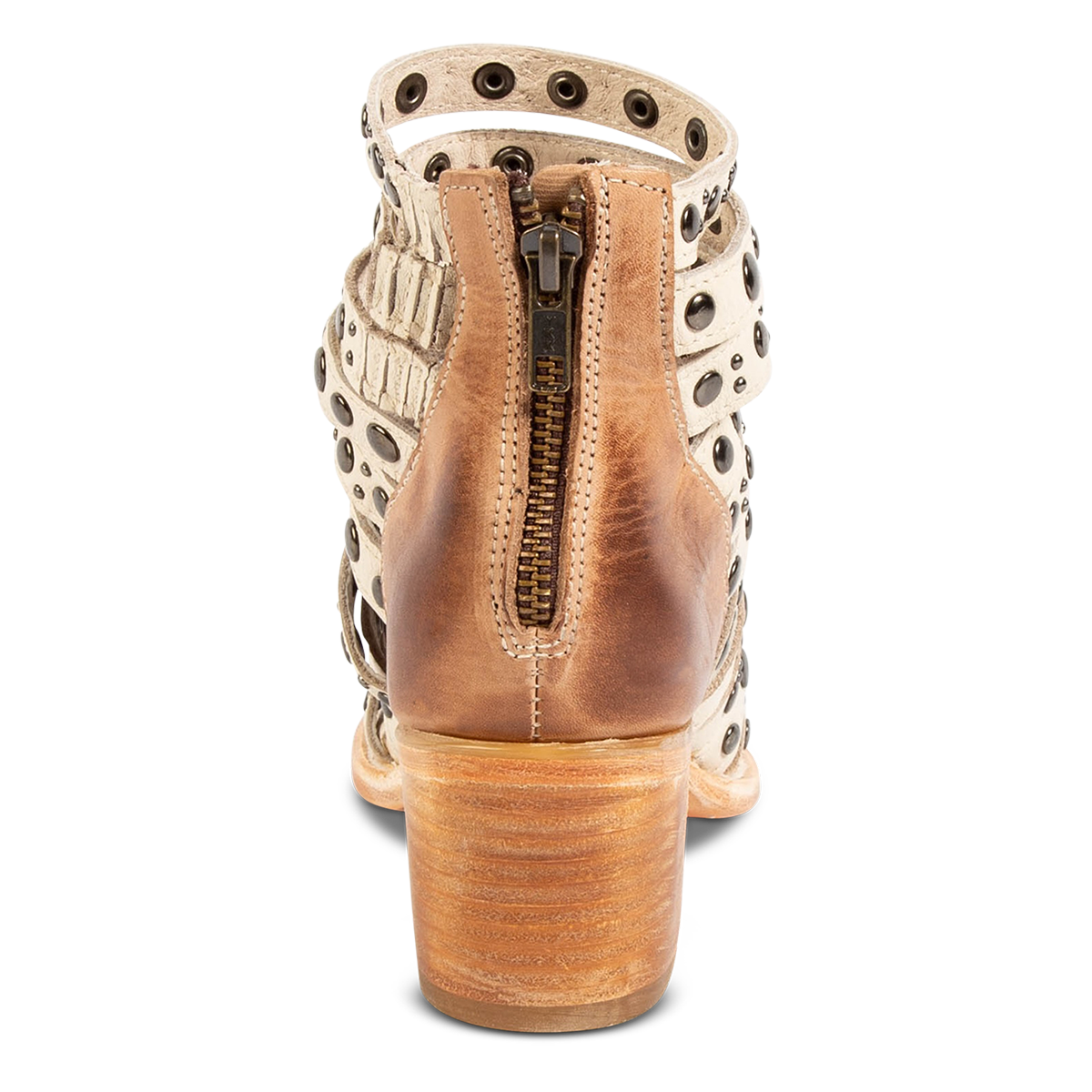 Back view showing a working brass zipper and stacked heel on FREEBIRD women's Cannes beige multi leather sandal 