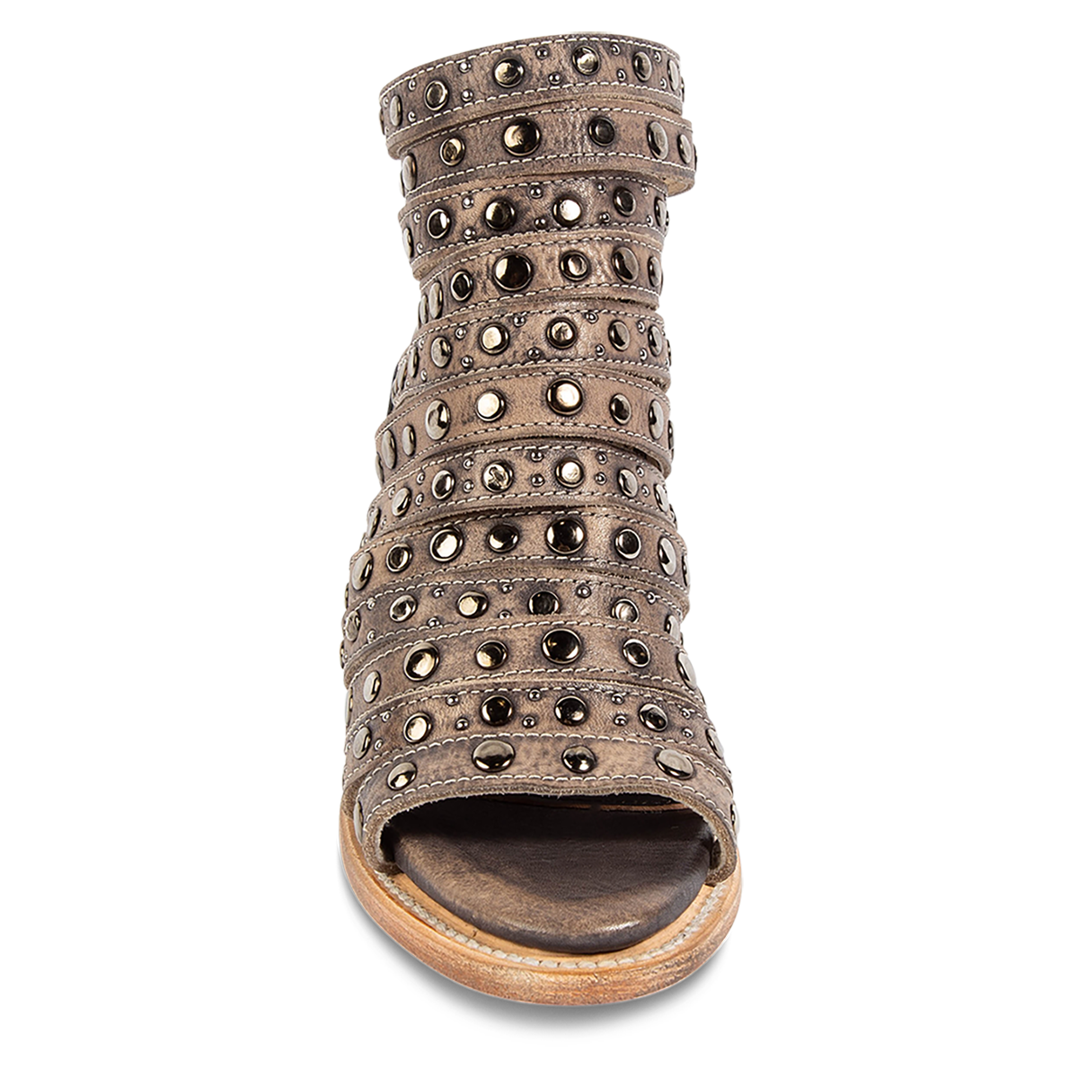 Front view showing studded leather straps and open toe construction on FREEBIRD women's Cannes black distressed leather sandal