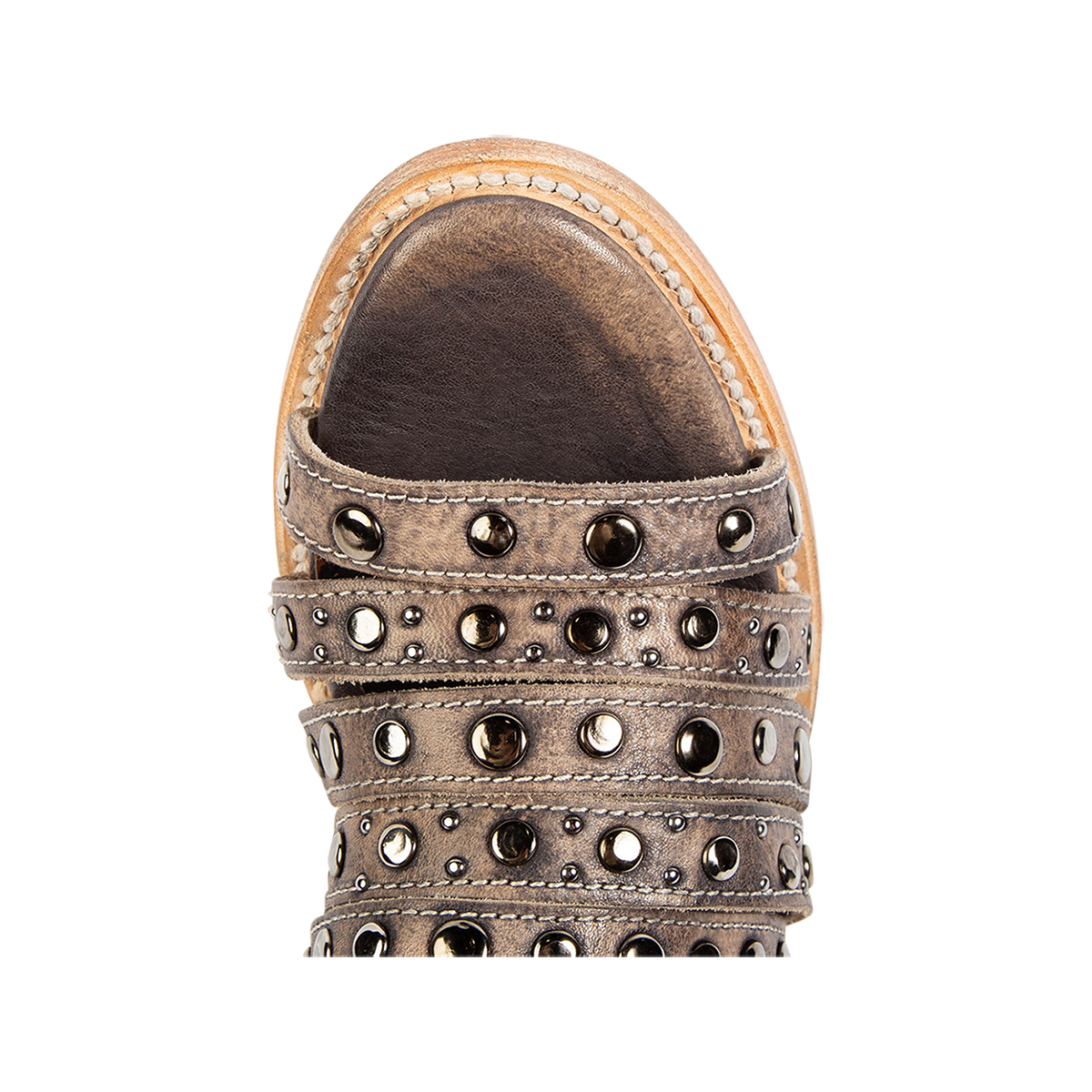 Top view showing open toe construction and embellished leather straps on FREEBIRD women's Cannes black distressed leather sandal