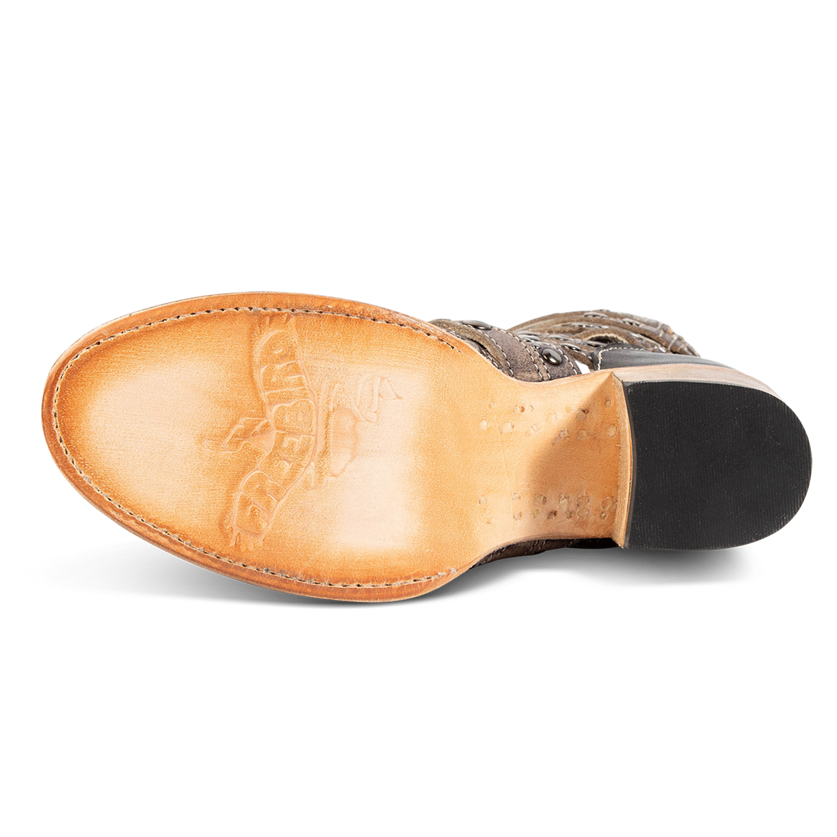 Leather sole imprinted with FREEBIRD on women's Cannes black distressed leather sandal