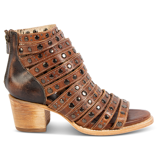 FREEBIRD women's Cannes cognac leather sandal with studded leather straps, working brass zipper and stacked heel