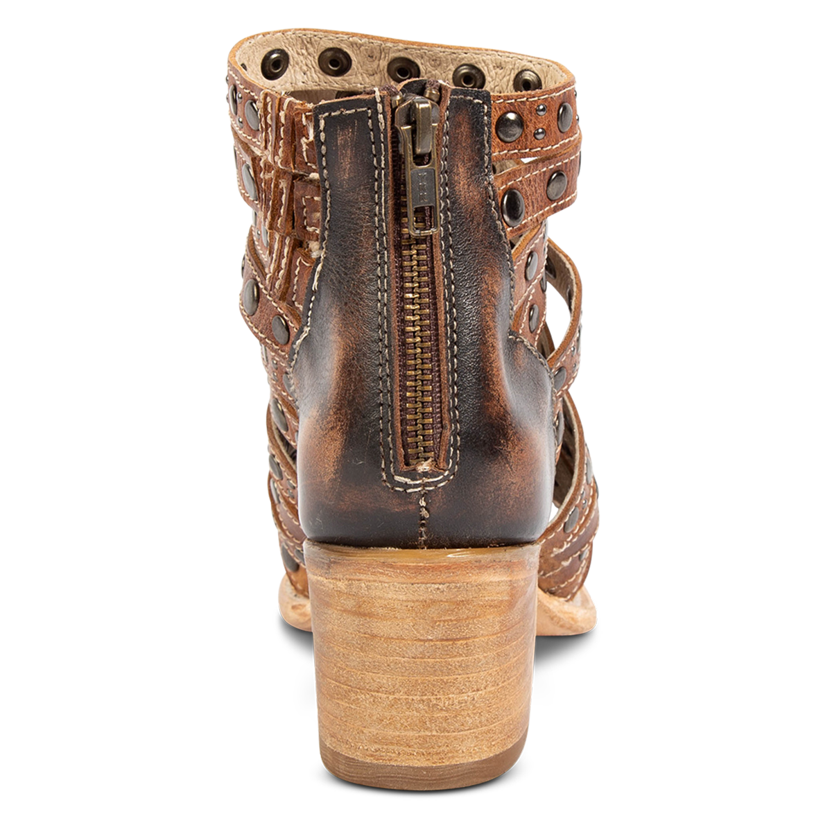 Back view showing a working brass zipper and stacked heel on FREEBIRD women's Cannes cognac leather sandal