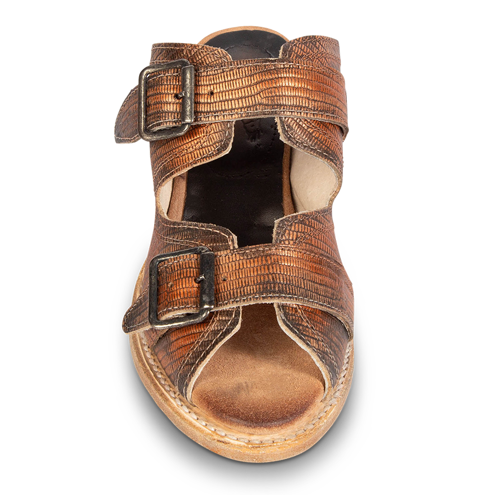 Front view showing double adjustable buckle straps FREEBIRD women's Caprice copper sandal