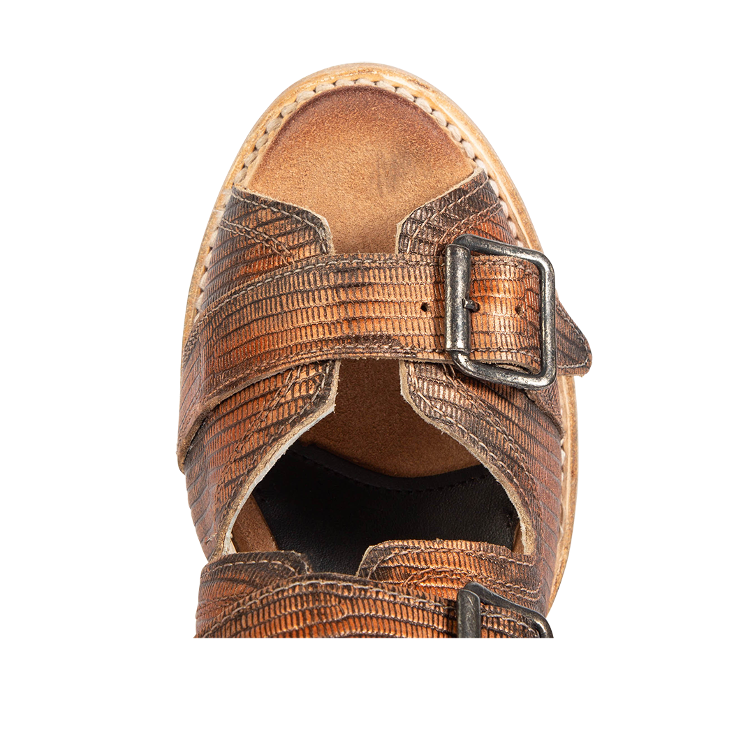 Top view showing leather strap buckle detailing FREEBIRD women's Caprice copper sandal