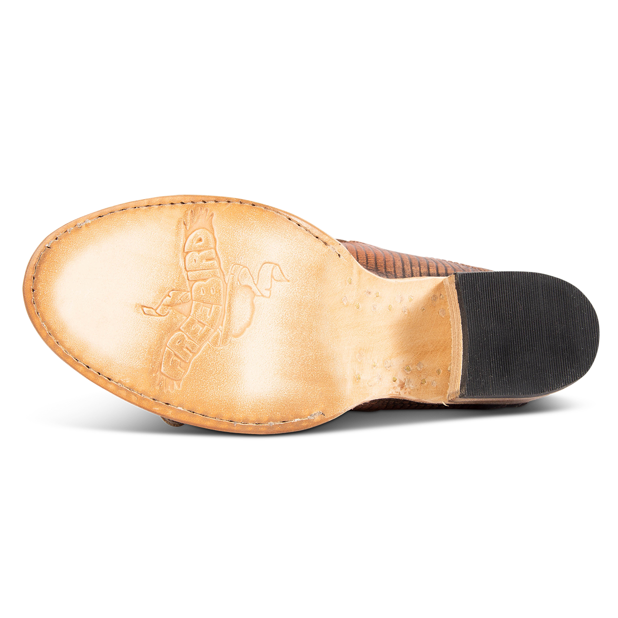 Leather sole imprinted with FREEBIRD on women's Caprice copper sandal