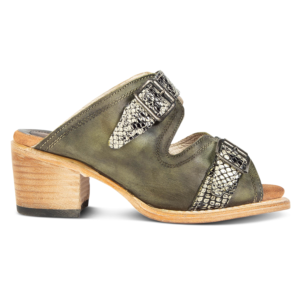 FREEBIRD women's Caprice green snake multi open slide on sandal with double adjustable double buckles
