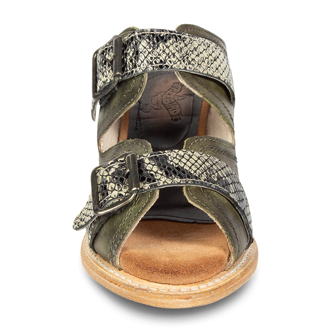 Front view showing double adjustable buckle straps FREEBIRD women's Caprice green snake multi sandal