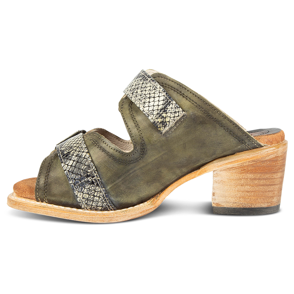 Inside view showing leather straps FREEBIRD women's Caprice green snake multi sandal