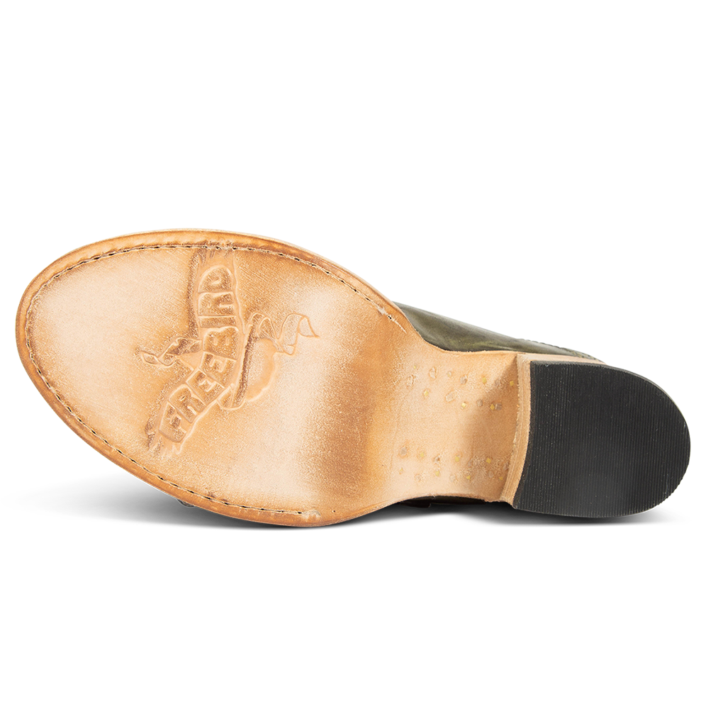 Leather sole imprinted with FREEBIRD on women's Caprice green snake multi sandal
