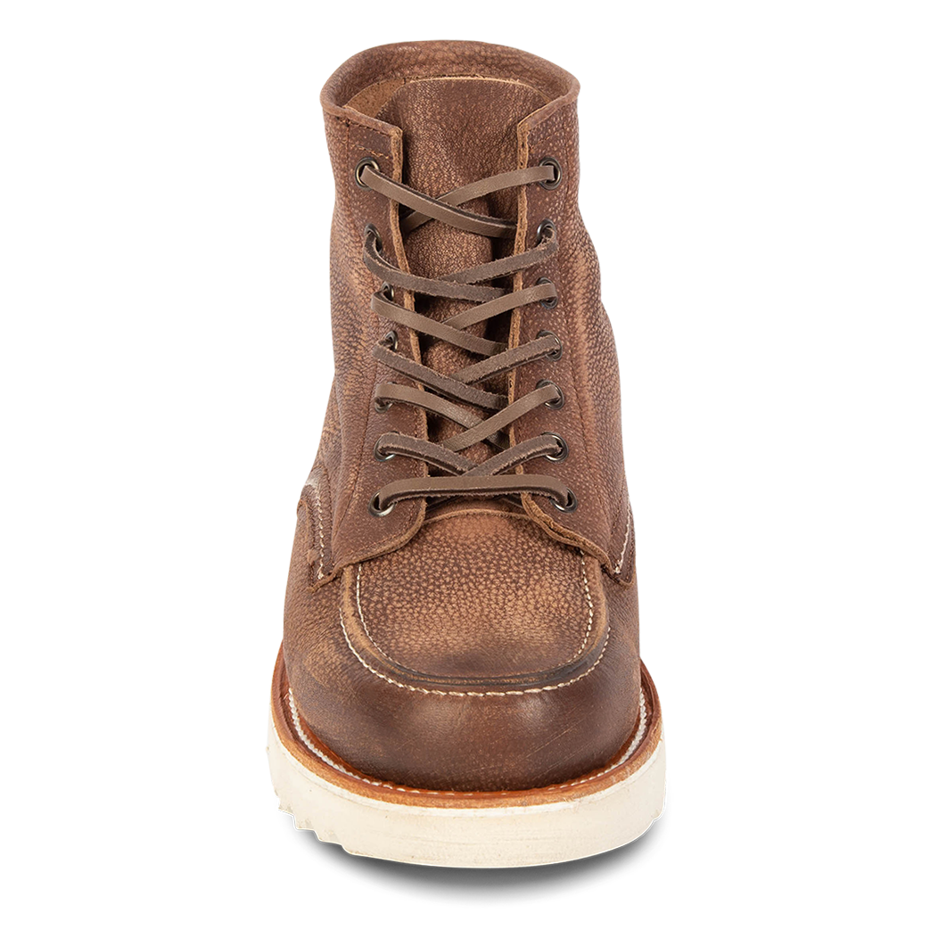 Front view showing leather tongue construction and adjustable leather lace closure on FREEBIRD men's Carbon brown distressed shoe